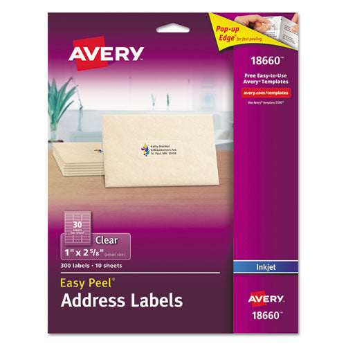 Image of Avery® 18660 Matte Clear Easy Peel Mailing Labels W/ Sure Feed Technology, Inkjet Printers, 1 X 2.63, Clear, 30/sheet, 10 Sheets/pack