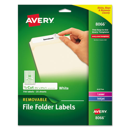 Image of Avery® 08066 Removable File Folder Label with Sure-Feed Technology, 0.66 x 3.44, White, 30/Sheet, 25 Sheets/Pack