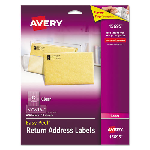Image of Avery® 15695 Matte Clear Easy Peel Mailing Labels W/ Sure Feed Technology, Laser Printers, 0.66 X 1.75, Clear, 60/sheet, 10 Sheets/pack