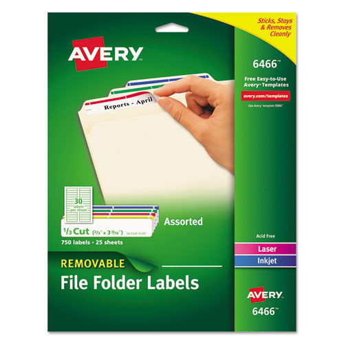 Image of Avery® 06466 Removable File Folder Label with Sure Feed Technology, 0.66 x 3.44, White, 30/Sheet, 25 Sheets/Pack