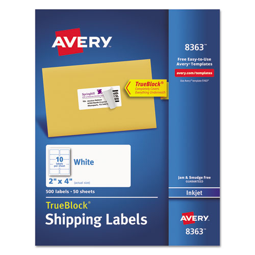 Image of Avery® 08363 Shipping Labels W/ Trueblock Technology, Inkjet Printers, 2 X 4, White, 10/sheet, 50 Sheets/box