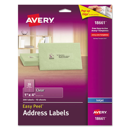 Image of Avery® 18661 Matte Clear Easy Peel Mailing Labels W/ Sure Feed Technology, Inkjet Printers, 1 X 4, Clear, 20/sheet, 10 Sheets/pack
