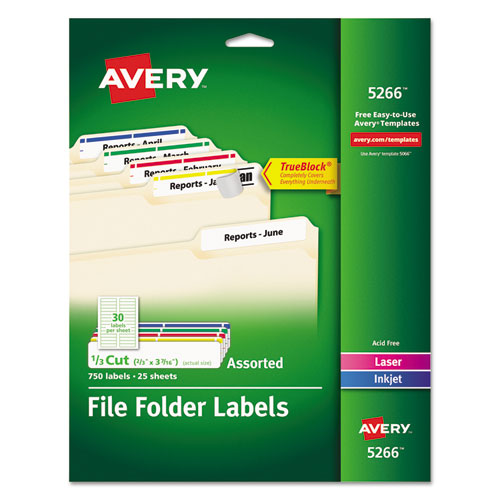 Image of Avery® 05266 Permanent TrueBlock File Folder Label with Sure-Feed Technology, 0.66" x 3.44", White, 30/Sheet, 25 Sheets/Pack