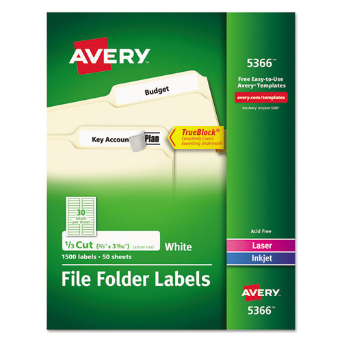Image of Avery® 05366 Permanent TrueBlock File Folder Labels with Sure-Feed Technology, 0.66 x 3.44, White, 30/Sheet, 50 Sheets/Box