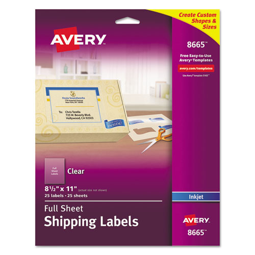 Image of Avery® 08665 Matte Clear Shipping Labels, Inkjet Printers, 8.5 X 11, Clear, 25/pack
