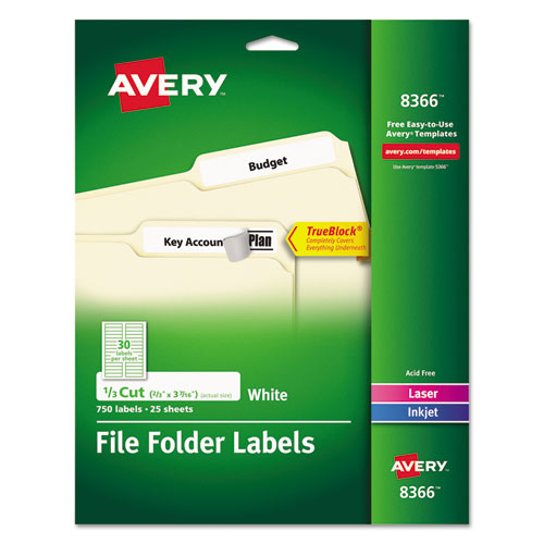 Image of Avery® 08366 Permanent Trueblock File Folder Labels With Sure Feed Technology, 0.66 X 3.44, White, 30/sheet, 25 Sheets/pack