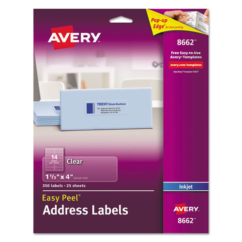 Image of Avery® 08662 Matte Clear Easy Peel Mailing Labels W/ Sure Feed Technology, Inkjet Printers, 1.33 X 4, Clear, 14/sheet, 25 Sheets/pack