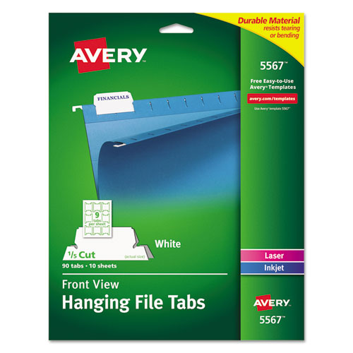 Image of Avery® 05567 Laser Printable Hanging File Tabs, 1/5-Cut, White, 2.06" Wide, 90/Pack