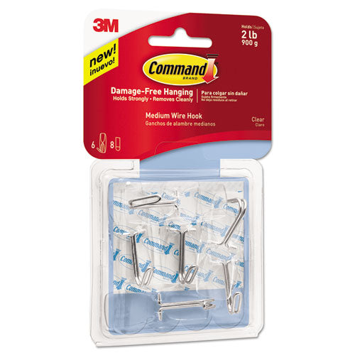 Image of Command 17065CLR-6ES Medium Clear Wire Hooks, Metal Wire, Silver/Clear, Supports 2 lb, 6/Pack