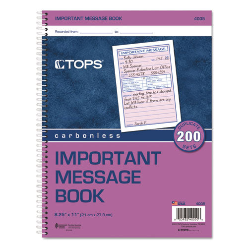 Image of TOPS 4005 Telephone Message Book with Fax/Mobile Section, Two-Part Carbonless, 3.88 x 5.5, 4 Forms/Sheet, 200 Forms Total