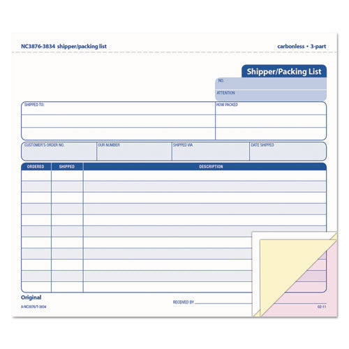 Image of TOPS 3834 Triplicate Snap-Off Shipper/Packing List, Three-Part Carbonless, 8.5 x 7, 50 Forms Total