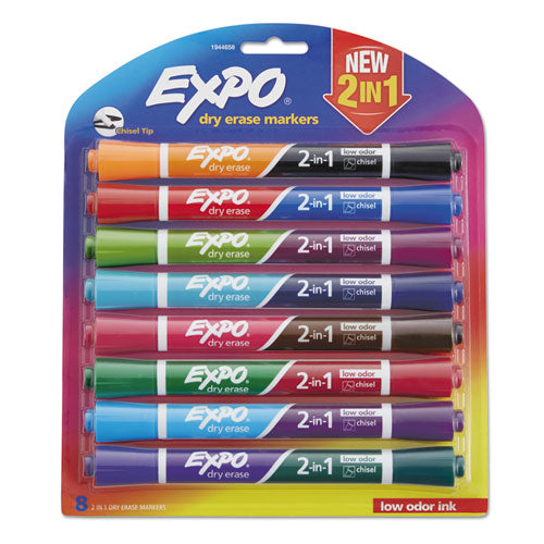 Image of EXPO® 1944658 2-In-1 Dry Erase Markers, Fine/broad Chisel Tips, Assorted Colors, 8/pack