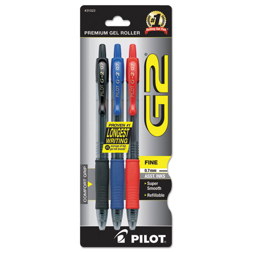 Image of Pilot® 31023 G2 Premium Gel Pen, Retractable, Fine 0.7 mm, Assorted Ink and Barrel Colors, 3/Pack