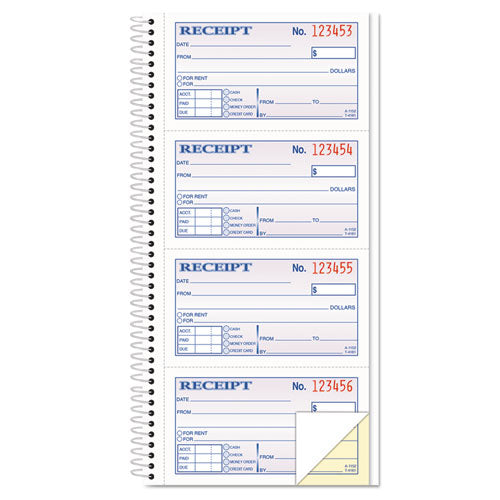 Image of TOPS 4161 Spiralbound Money and Rent Receipt Book, Two-Part Carbonless, 4.75 x 2.75, 4 Forms/Sheet, 200 Forms Total