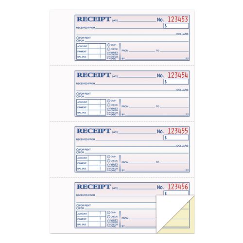 Image of TOPS 46816 Money and Rent Receipt Books, Account + Payment Sections, Two-Part Carbonless, 7.13 x 2.75, 4 Forms/Sheet, 400 Forms Total