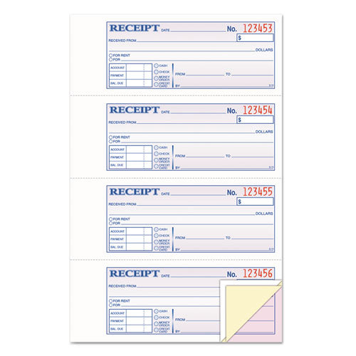 Image of TOPS 46808 Money and Rent Receipt Book, Account + Payment Sections, Three-Part Carbonless, 7.13 x 2.75, 4 Forms/Sheet, 100 Forms Total