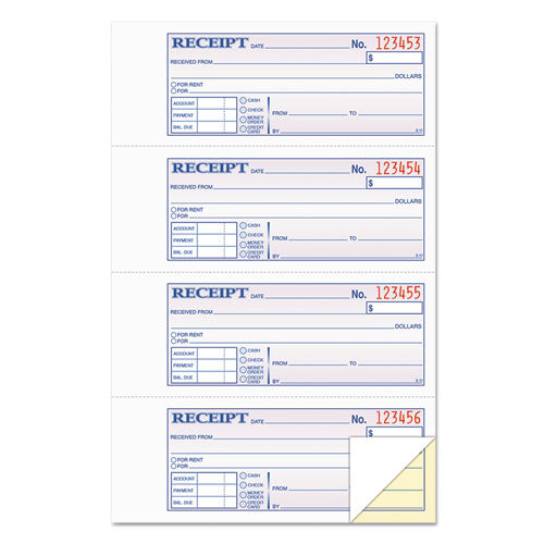 Image of TOPS 46806 Money and Rent Receipt Books, Account + Payment Sections, Two-Part Carbonless, 7.13 x 2.75, 4 Forms/Sheet, 200 Forms Total