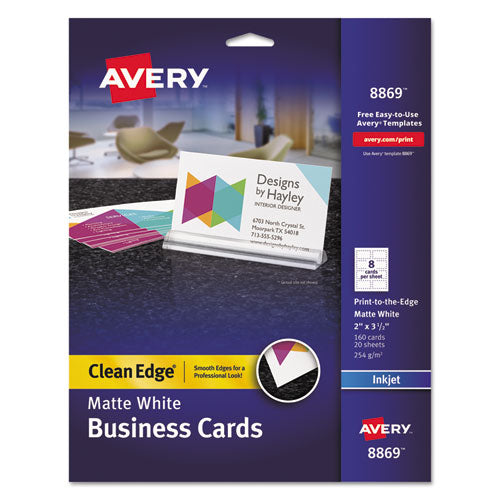 Image of Avery® 08869 True Print Print-to-the-Edge Premium Business Cards, Inkjet, 2 x 3.5, White, 8 Cards Sheet, 20 Sheets/Pack