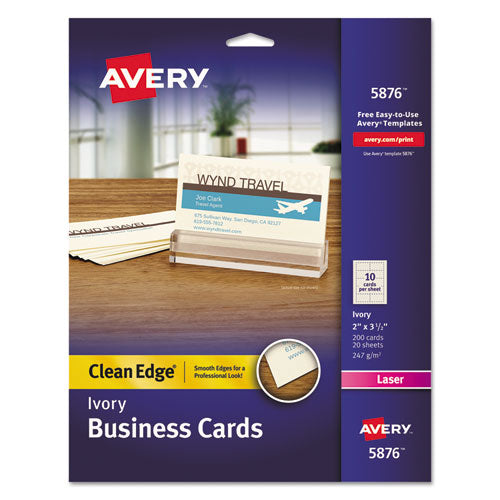 Image of Avery® 05876 Clean Edge Business Cards, Laser, 2 x 3.5, Ivory, 10 Cards/Sheet, 20 Sheets/Pack