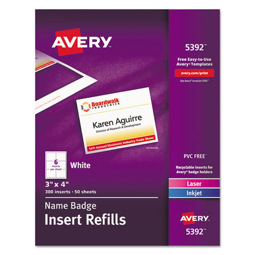 Image of Avery® 05392 Name Badge Insert Refills, Horizontal/vertical, 3 X 4, White, 300/box