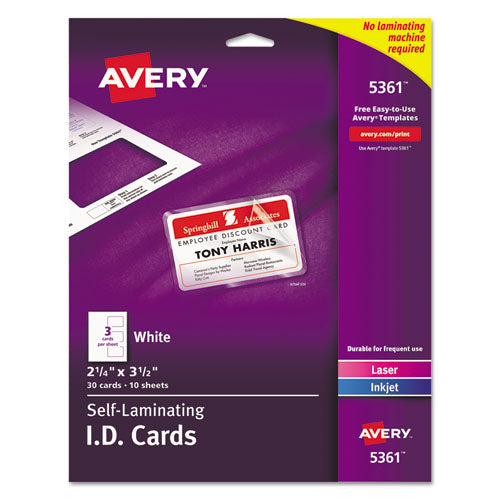 Image of Avery® 05361 Laminated Laser/inkjet Id Cards, 2 1/4 X 3 1/2, White, 30/box
