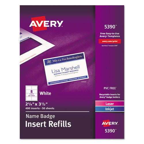 Image of Avery® 05390 Name Badge Insert Refills, Horizontal/vertical, 2 1/4 X 3 1/2, White, 400/box