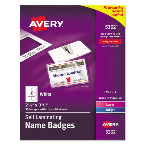 Image of Avery® 05362 Self-Laminating Laser/Inkjet Printer Badges, 2.25 x 3.5, White, 30/Box