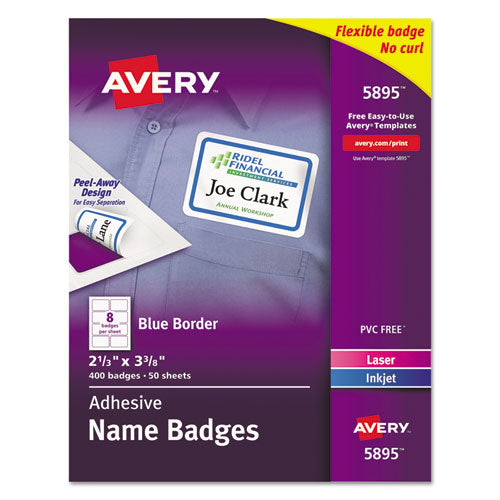 Image of Avery® 05895 Flexible Adhesive Name Badge Labels, 3.38 X 2.33, White/blue Border, 400/box