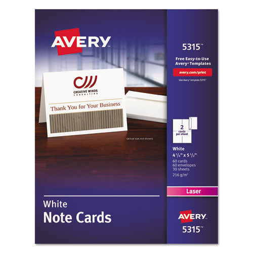Image of Avery® 05315 Note Cards with Matching Envelopes, Laser, 80 lb, 4.25 x 5.5, Uncoated White, 60 Cards, 2 Cards/Sheet, 30 Sheets/Pack