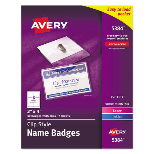 Image of Avery® 05384 Clip-Style Name Badge Holder With Laser/inkjet Insert, Top Load, 4 X 3, White, 40/box