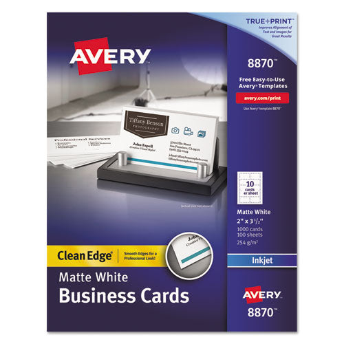 Image of Avery® 08870 True Print Premium Clean Edge Business Cards, Inkjet, 2 x 3.5, White, 10 Cards/Sheet, 100 Sheets/Box