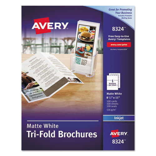 Image of Avery® 08324 Tri-Fold Brochures, 92 Bright, 85 lb Text Weight, 8.5 x 11, Matte White, 100/Pack