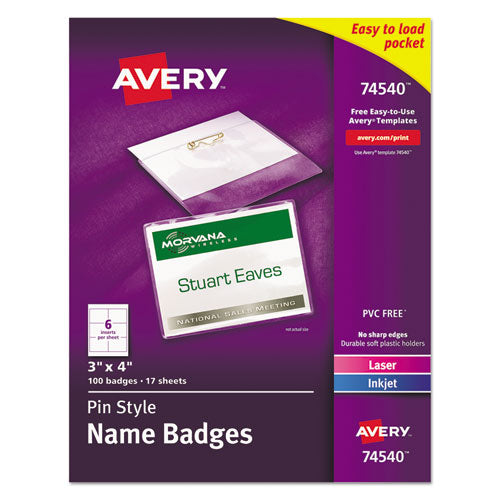 Image of Avery® 74540 Pin-Style Badge Holder With Laser/inkjet Insert, Top Load, 4 X 3, White, 100/box