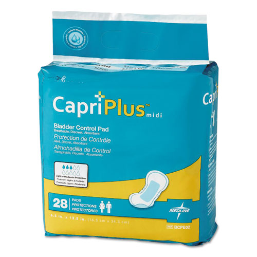 Image of Medline BCPE02 Capri Plus Bladder Control Pads, Extra Plus, 6.5 x 13.5, 28/Pack, 6/Carton