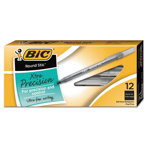 Image of BIC® GSF11 BLK Round Stic Xtra Precision Ballpoint Pen, Stick, Fine 0.8 Mm, Black Ink, Smoke Barrel, Dozen