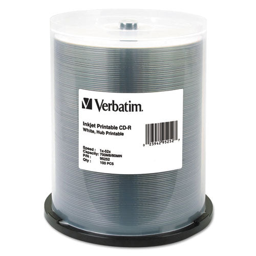 Image of Verbatim® 95252 CD-R Printable Recordable Disc, 700 MB, 52x, Spindle, White, 100/Pack