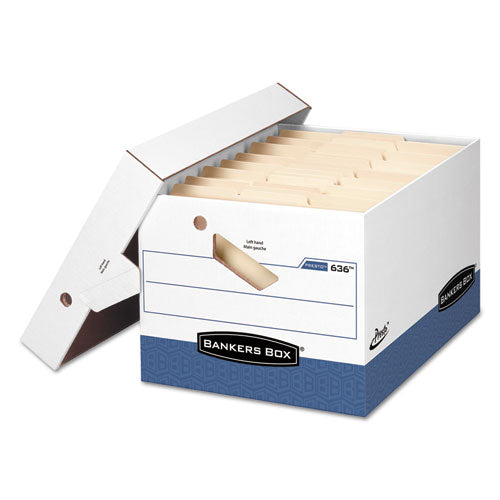 Image of Bankers Box® 0063601 Presto Ergonomic Design Storage Boxes, Letter/legal Files, 12.88" X 16.5" X 10.38", White/blue, 12/carton