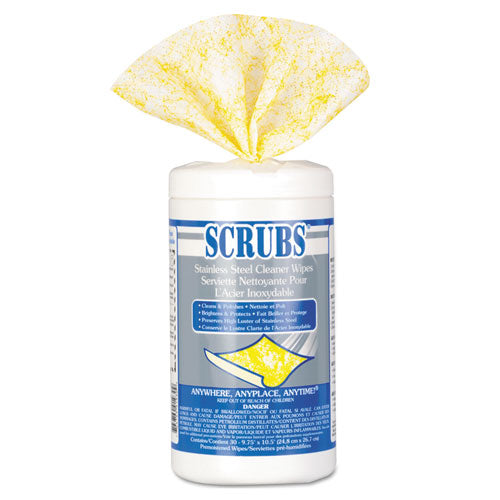 Image of SCRUBS® 91930 Stainless Steel Cleaner Towels, 1-Ply, 9.75 x 10.5, Lemon Scent, 30/Canister, 6 Canisters/Carton