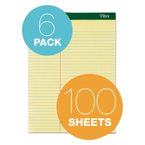 Image of TOPS 63396 Double Docket Ruled Pads, Pitman Rule Variation (Offset Dividing Line - 3" Left), (100) Canary Yellow 8.5 x 11 Sheets, 6/Pack