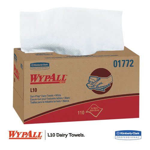 Image of WypAll® 01772 L10 SANI-PREP Dairy Towels, POP-UP Box, 1-Ply,  9 x 10.5, White, 110/Pack, 18 Packs/Carton