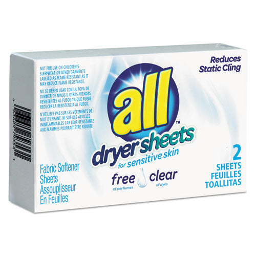 Image of all® R1-2979353 Free Clear Vend Pack Dryer Sheets, Fragrance Free, 2 Sheets/box, 100 Box/carton