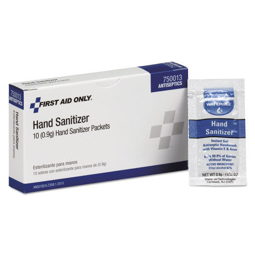 Image of First Aid Only 750013 Gel Hand Sanitizer Packets For Unitized And First Aid Stations, 0.9 G, Clean Scent, 10/box