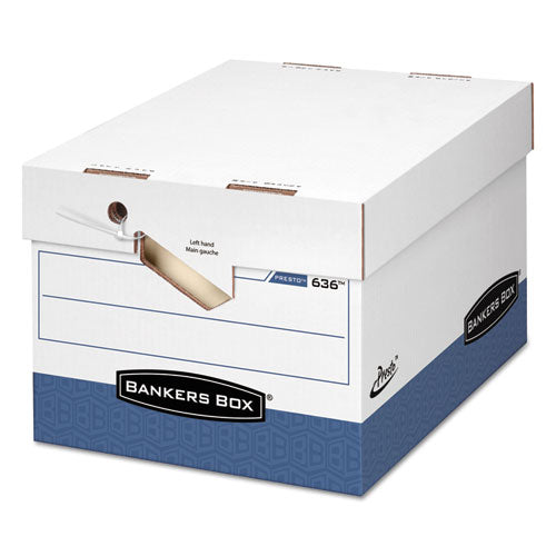 Image of Bankers Box® 0063601 Presto Ergonomic Design Storage Boxes, Letter/legal Files, 12.88" X 16.5" X 10.38", White/blue, 12/carton