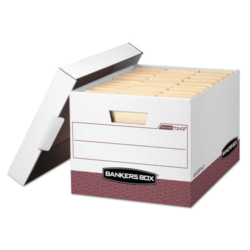 Image of Bankers Box® 07242 R-Kive Heavy-Duty Storage Boxes, Letter/legal Files, 12.75" X 16.5" X 10.38", White/red, 12/carton
