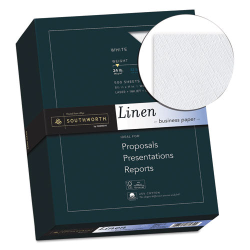 Image of Southworth® 554C 25% Cotton Linen Business Paper, 91 Bright, 24 lb Bond Weight, 8.5 x 11, White, 500/Ream