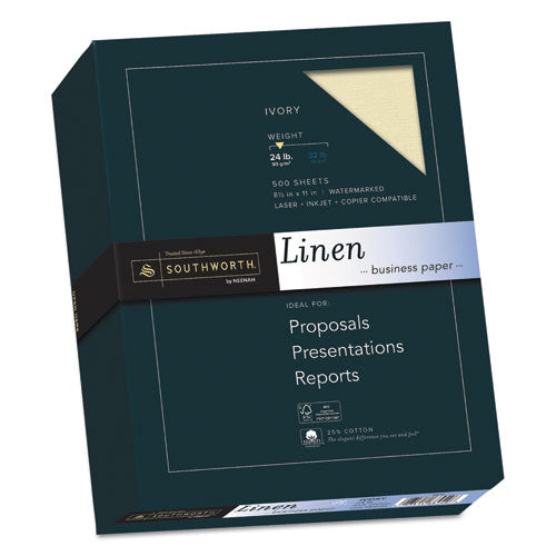 Image of Southworth® 564C 25% Cotton Linen Business Paper, 24 lb Bond Weight, 8.5 x 11, Ivory, 500/Ream