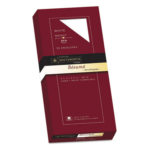 Image of SouthworthÂ® 100% Cotton Resume Envelope, #10, Commercial Flap, Gummed Closure, 4.13 X 9.5, White, 50/box