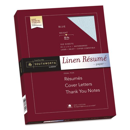 Image of Southworth® RD18BCFLN 100% Cotton Premium Weight Linen Resume Paper, 32 lb Bond Weight, 8.5 x 11, Blue, 100/Pack