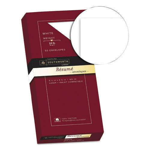Image of SouthworthÂ® 100% Cotton Resume Envelope, #10, Commercial Flap, Gummed Closure, 4.13 X 9.5, White, 50/box