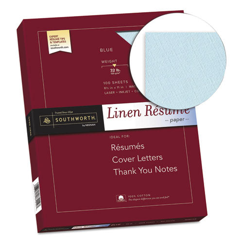 Image of Southworth® RD18BCFLN 100% Cotton Premium Weight Linen Resume Paper, 32 lb Bond Weight, 8.5 x 11, Blue, 100/Pack